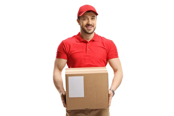 Retrato Repartidor Sosteniendo Una Caja Cartón Aislada Sobre Fondo Blanco — Foto de Stock