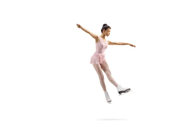 Largura Completa Patinador Artístico Femenino Profesional Vestido Rosa Realizando Salto — Foto de Stock