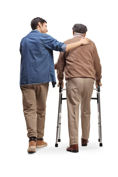 Rear View Shot Young Man Helping Elderly Man Walker Isolated — Stock Photo, Image