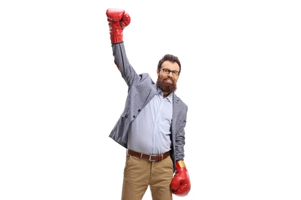 Bearded Man Boxing Gloves Raising One Arm Isolated White Background — Stockfoto