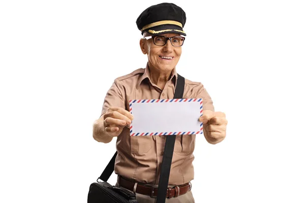 Mature Mailman Uniform Showing Letters Smiling Isolated White Background — Stock Photo, Image