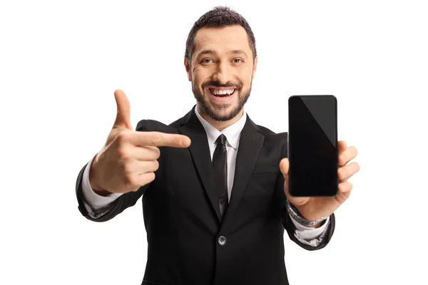 Бізнесмен Тримає Смартфон Вказує Екран Ізольовано Білому Тлі — стокове фото