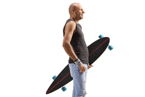 Profile Shot Bald Male Hispter Holding Longboard Isolated White Background — стоковое фото
