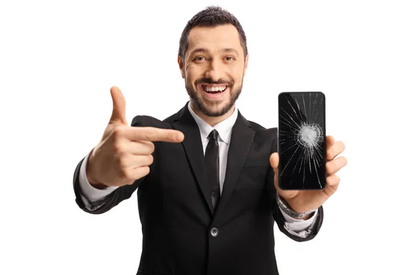 Homme Affaires Tenant Smartphone Avec Écran Fissuré Isolé Sur Fond — Photo