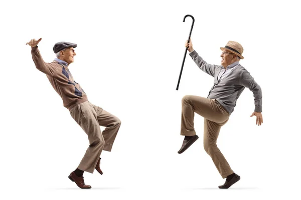 Full Length Profile Shot Two Elderly Men Dancing Isolated White — Stockfoto