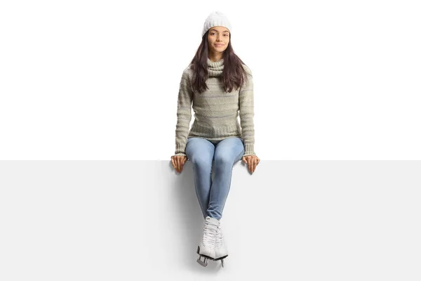 Casual Young Woman Ice Skates Sitting Blank Panel Isolated White — Stock Photo, Image