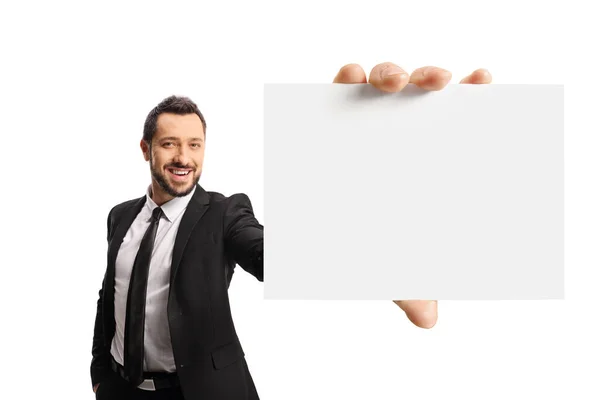 Cheerful Young Businessman Holding Bland Card Front Camera Isolated White — Stock Photo, Image