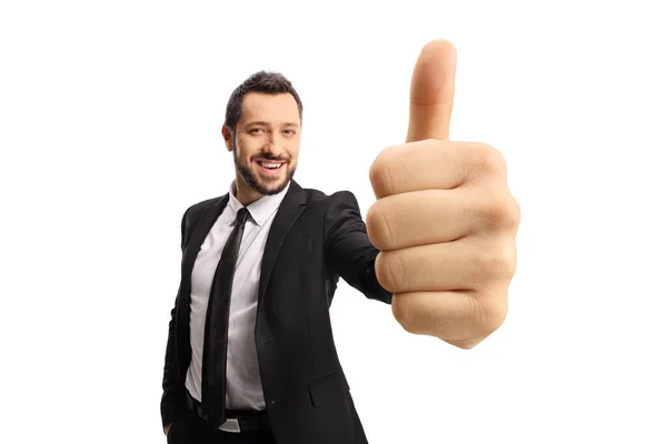 Happy Businessman Gesturing Thumb Sign Front Camera Isolated White Background — стоковое фото