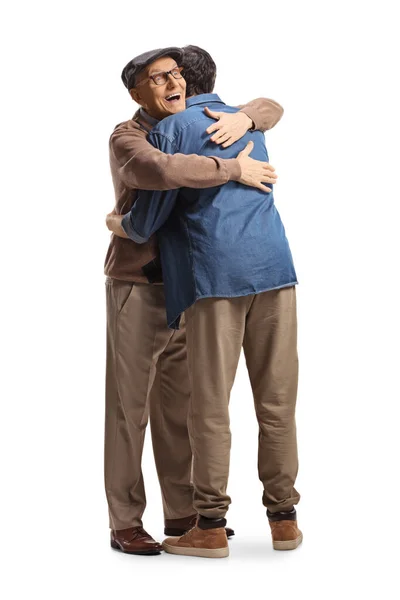Tiro Comprimento Total Homem Idoso Abraçando Jovem Sorrindo Isolado Fundo — Fotografia de Stock