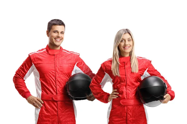 Male Female Car Racer Red Suit Holding Helmets Isolated White — Stock Photo, Image