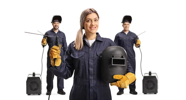 Two Male One Female Welders Welding Machines Isolated White Background — Stockfoto