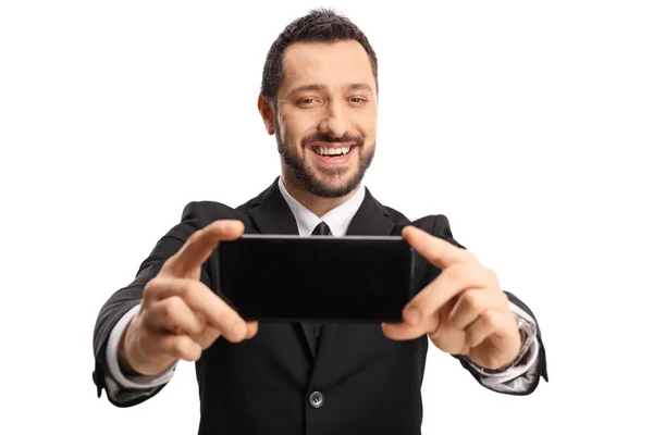 Elegant Man Suit Taking Selfie Photo Smartphone Isolated White Background — Stockfoto