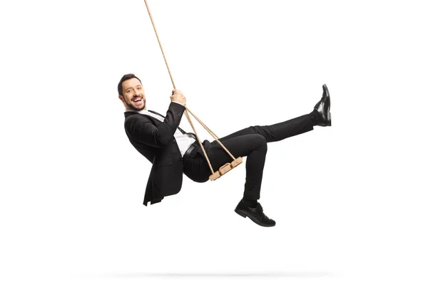 Full Length Side Shot Happy Businessman Swinging Swing Isolated White — Stockfoto