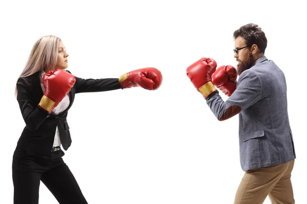 Profile Shot Businesswoman Punching Man Boxing Gloves Isolated White Background — Fotografia de Stock