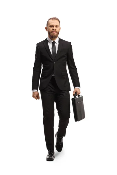 Full Length Portrait Young Businessman Walking Camera Carrying Briefcase Isolated — Stockfoto