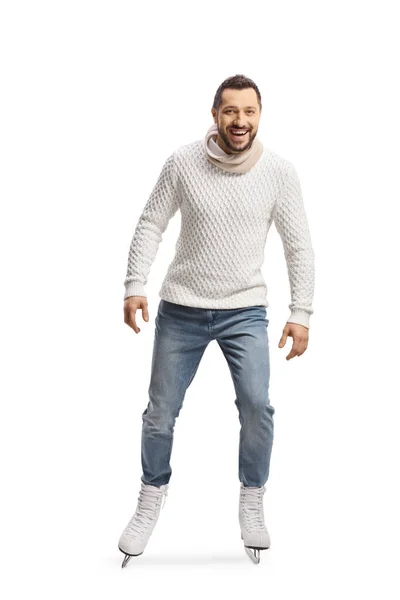 Casual Young Man Ice Skating Sitting Smiling Isolated White Background — Fotografia de Stock