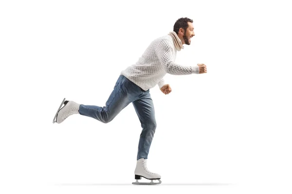 Full Length Profile Shot Young Man Ice Skating Isolated White — Foto Stock