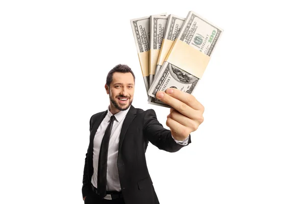 Happy Rich Businessman Holding Money Front Camera Isolated White Background — Stockfoto