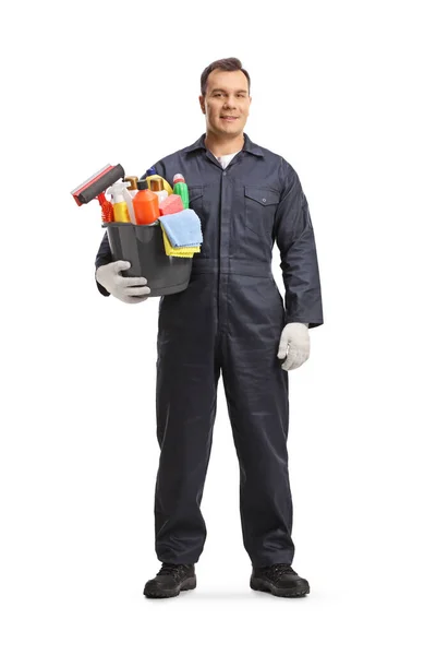 Retrato Completo Limpiador Masculino Profesional Una Pose Uniforme Con Cubo — Foto de Stock