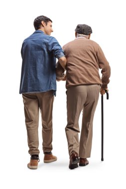 Rear view shot of a young man helping a senior with a walking cane isolated on white background
