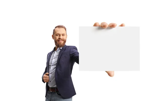 Smiling Young Bearded Man Holding Blank Card Front Camera Isolated — Stockfoto