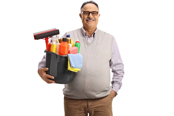 Mature Casual Man Holding Bucket Cleaning Supplies Smiling Isolated White — Stockfoto