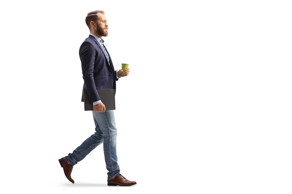 Full Length Profile Shot Young Professional Man Walking Takeaway Coffee — Photo