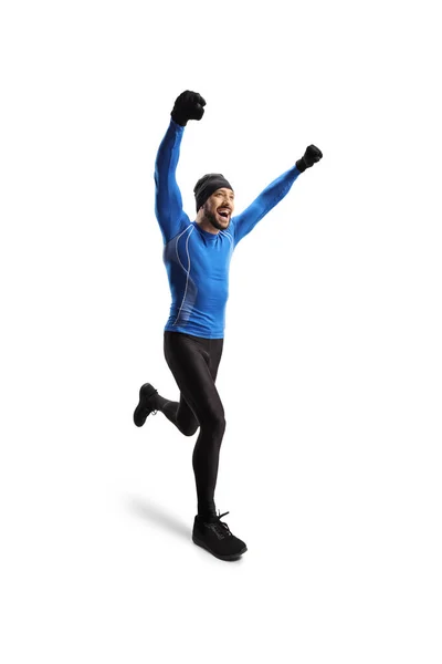 Full Length Shot Young Fit Man Running Gloves Headband Gesturing — Zdjęcie stockowe