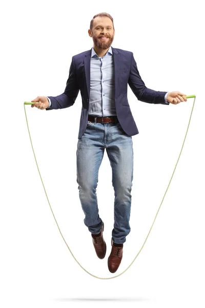 Smiling Bearded Man Casual Elegant Clothes Skipping Rope Isolated White — Stockfoto