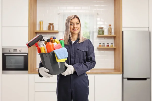 Professional Female Cleaner Uniform Holding Bucket Cleaning Supplies Kitchen — стоковое фото