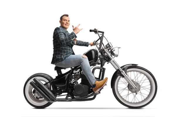 Man Stylish Clothes Riding Chopper Gesturing Rock Roll Sign Isolated — Stockfoto