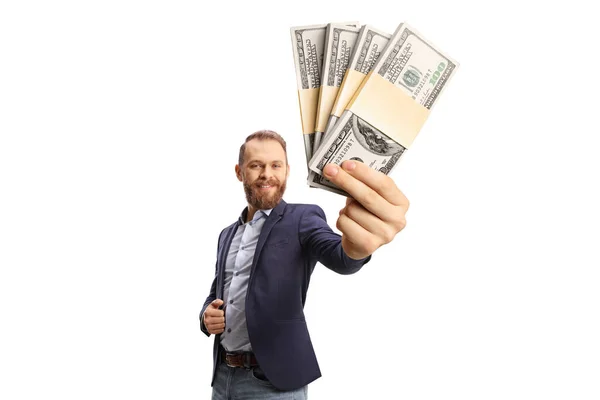 Smiling Young Bearded Man Holding Money Banknotes Front Camera Isolated — Stock Fotó