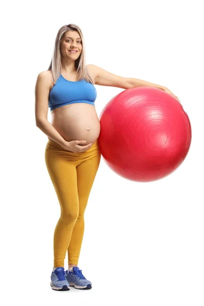 Full Length Portrait Pregnant Woman Sportswear Holding Fitness Ball Isolated — Zdjęcie stockowe