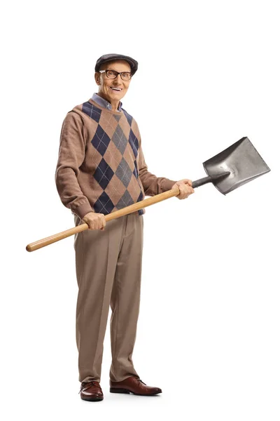 Full Length Portrait Elderly Casual Man Holding Shovel Isolated White — Stok fotoğraf