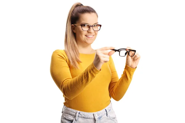 Young Female Trying Pairs Spectacles Isolated White Background — Zdjęcie stockowe