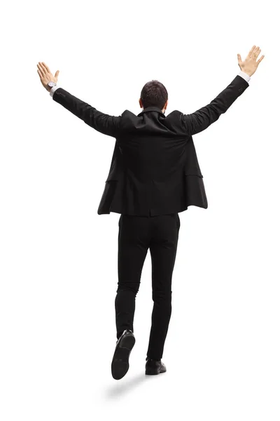 Full Length Rear View Shot Businessman Raising Hands Isolated White — Zdjęcie stockowe