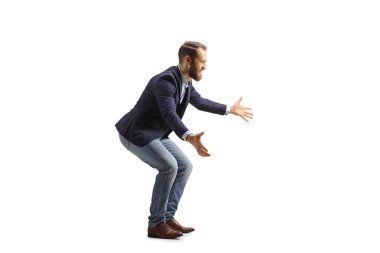 Full length profile shot of a man waiting with arms wide open isolated on white background