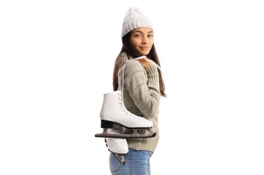 Beautiful young woman carrying ice-skates on her shoulder and smiling isolated on white background