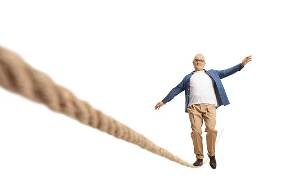 Full Length Portrait Mature Man Stumble Rope Isolated White Background — Foto Stock