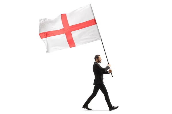 Foto Perfil Completo Hombre Elegante Traje Caminando Llevando Bandera Inglaterra —  Fotos de Stock