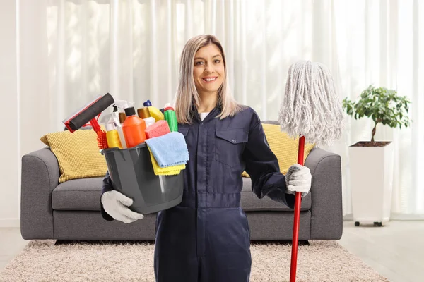 Professional Female Cleaner Uniform Holding Bucket Cleaning Supplies Mop Apartment — Fotografia de Stock