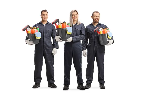 Female Male Cleaners Uniforms Holding Buckets Cleaning Supplies Isolated White — Stock Photo, Image