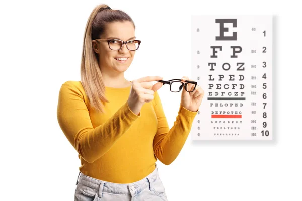 Young Female Trying Pairs Spectacles Front Sight Test Isolated White — Foto Stock