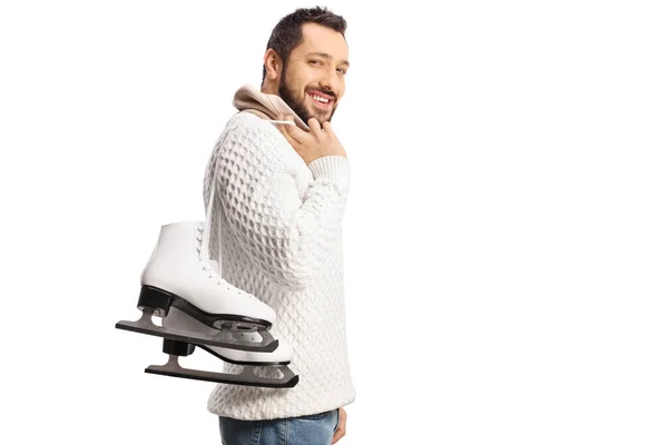 Young Man Carrying Ice Skates His Shoulder Smiling Isolated White — Stockfoto
