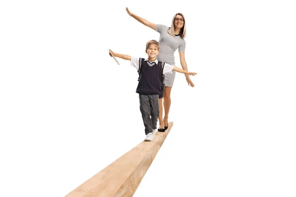 Schoolboy Youg Woman Walking Wooden Beam Isolated White Background — Foto Stock