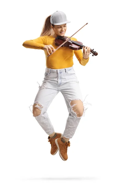 Trendy Young Female Violinist Playing Violin Dancing Isolated White Background — Stockfoto