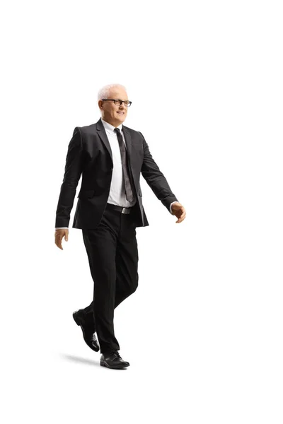 Full Length Shot Mature Businessman Glasses Walking Isolated White Background — Stock Photo, Image