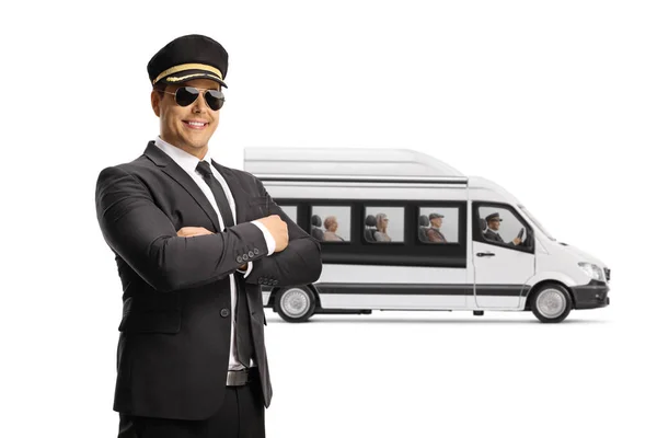 Chauffeur Posing Next Mini Bus Shuttel Passengers Isolated White Background — Stock Photo, Image