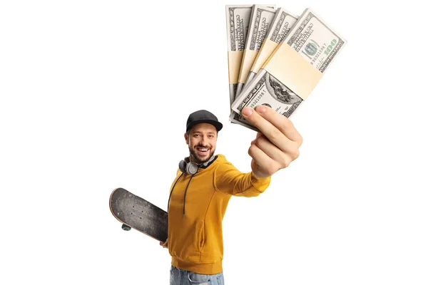 Young Man Yellow Sweatshirt Holding Skateboard Money Isolated White Background — Stock Photo, Image