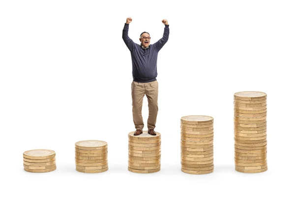 Full Length Portrait Happy Mature Man Gesturing Happiness Standing Pile — Stock Photo, Image
